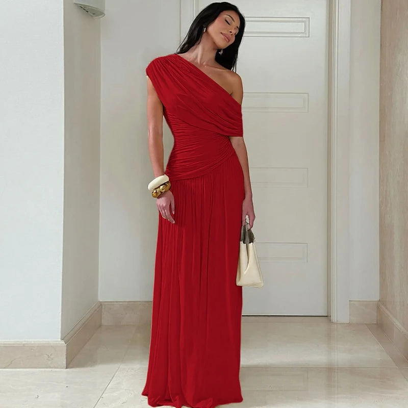 Hugcitar One Shoulder Ruched Sleeveless Solid Pleated Sexy Irregular Y2K Maxi Dress Summer Elegant Party Women Clothes Vacation