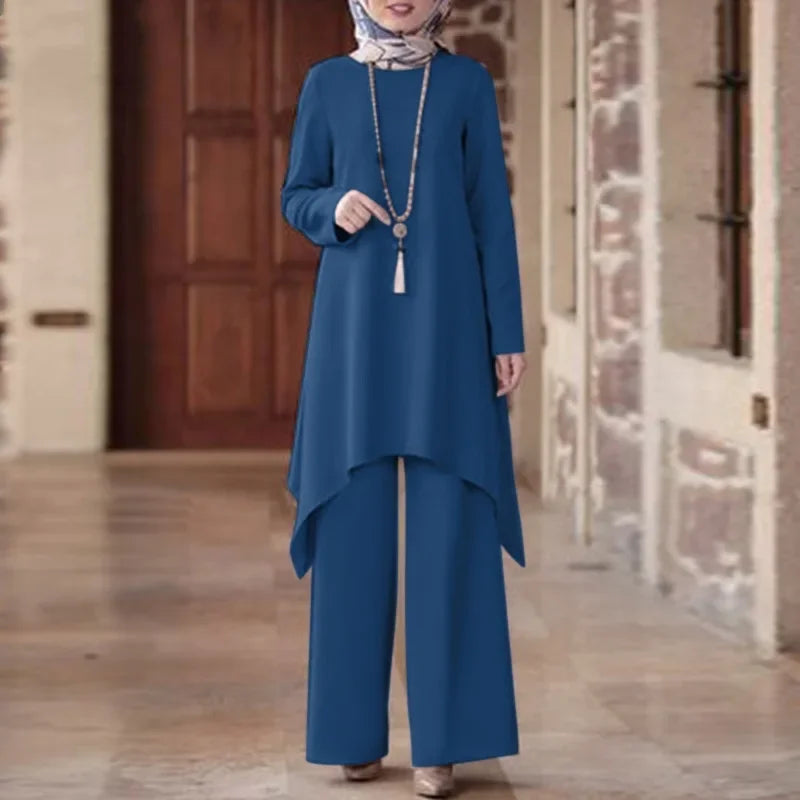 Hot Sale Of The Season Muslim Women's Fashion Casual round Neck Overhead Long Pants Midi Skirt Set Solid Color Middle East Cross