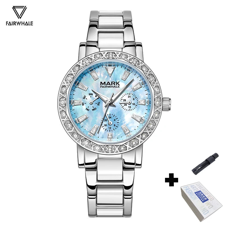 Mark Fairwhale Dress Pink Diamond Watch For Women Fashion Ceramic Chain Quartz Watch Luxury Brilliant Beimu Wristwatch Ladies