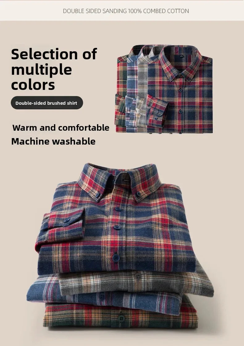 Pure Cotton Flannel Plaid Long Sleeve Casual Shirt for Men Spring Autumn New Style Retro Cross-Border Checkered Shirt
