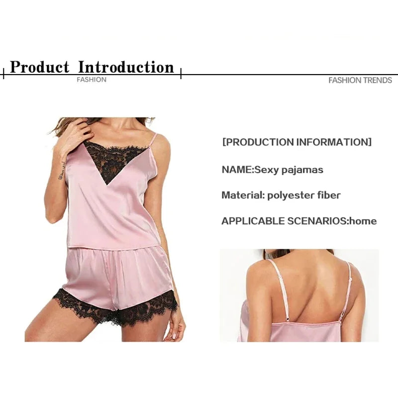 Lace Pajama Sets Ice Silk Women Pijama Mujer Strap Sleeveless Sexy Sleepwear Short Lingerie Set Female Night Wear
