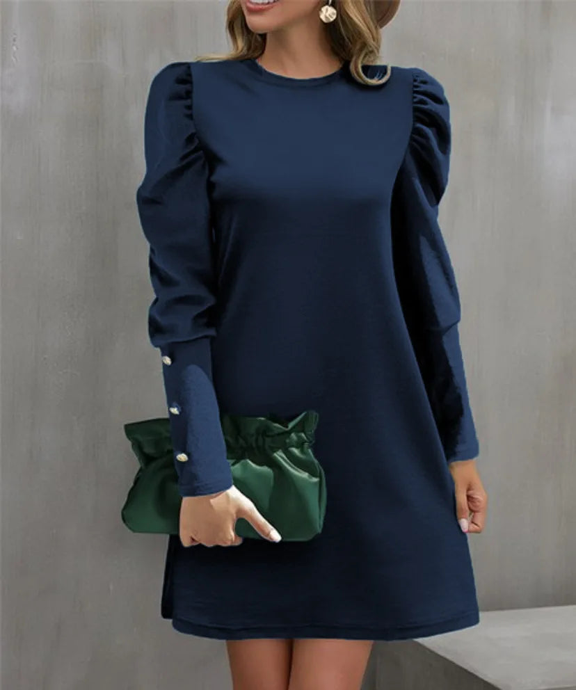 2025 Spring and Autumn New Round Neck Bubble Sleeve Button Decorative Long Sleeve Dress