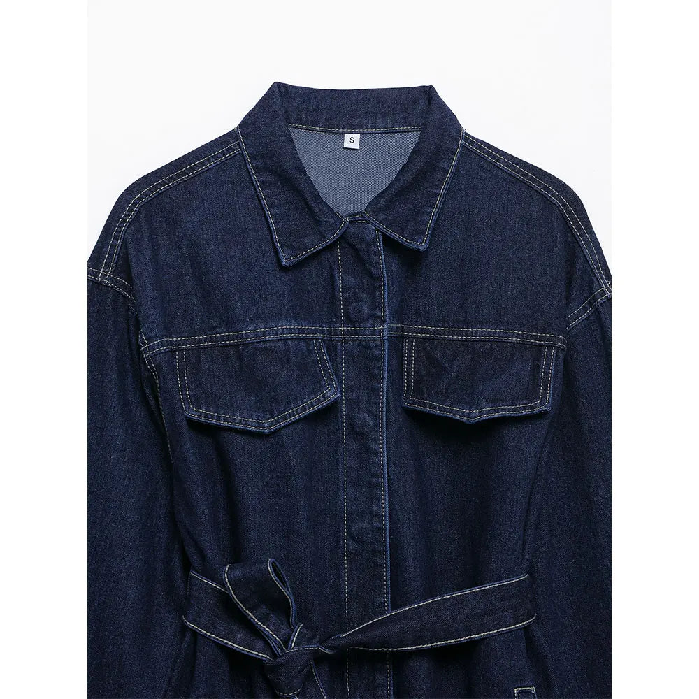 DUOPERI Women Fashion 2 Pieces Sets With Belt Denim  Jackets & Vintage Front Zipper Jeans Trousers Feamle Chic Lady Pants Sets