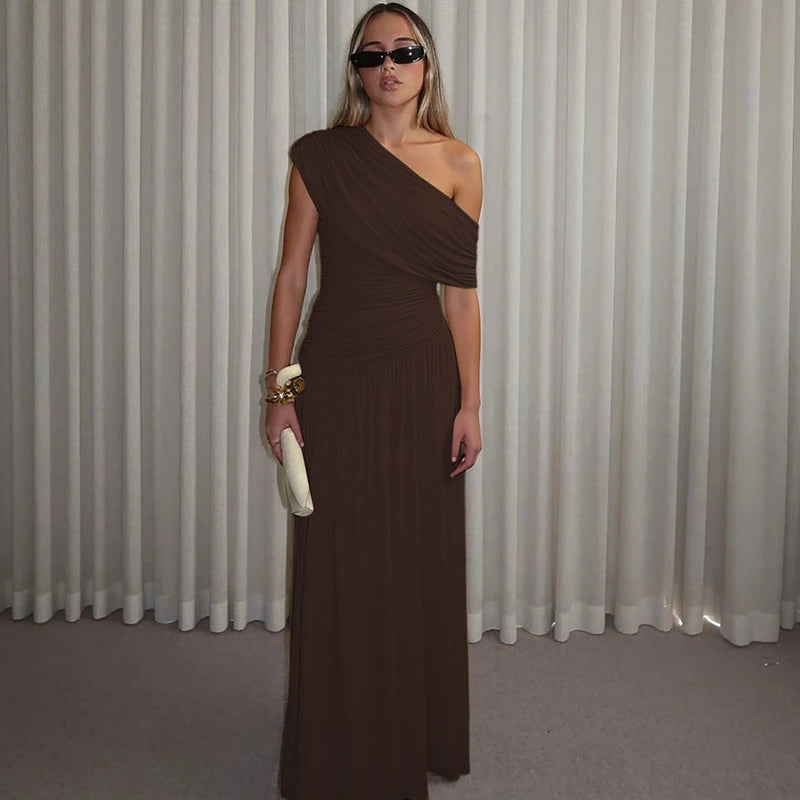 Hugcitar One Shoulder Ruched Sleeveless Solid Pleated Sexy Irregular Y2K Maxi Dress Summer Elegant Party Women Clothes Vacation