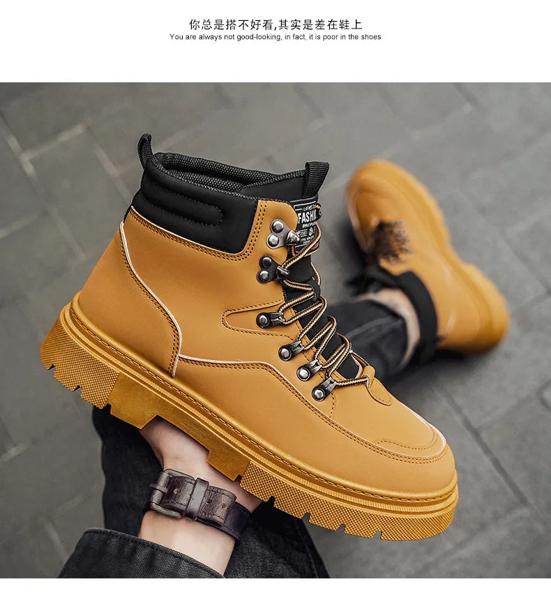 New Men's Leather Boots Brand Retro Comfortable Boots for Men 2025 Fashion High Top Non Slip Casual Shoes Business Work Shoes