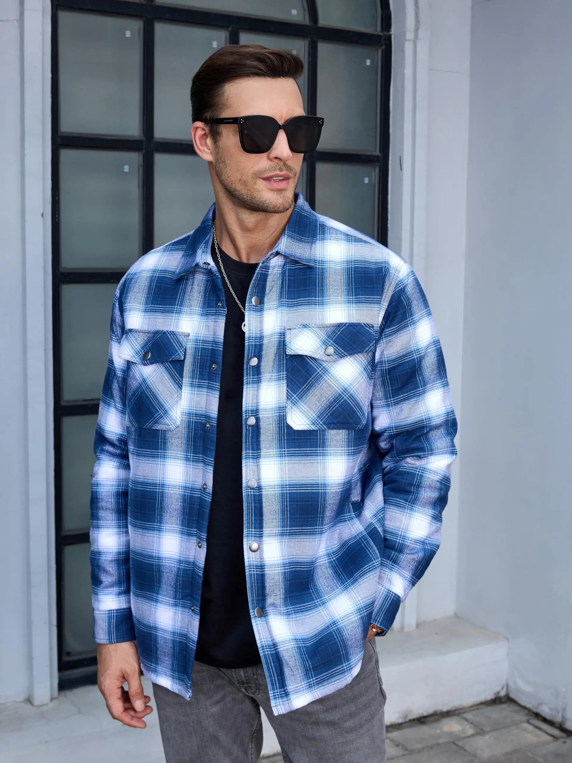 TACVASEN Winter Plaid Cotton Jackets Mens Long Sleeve Quilted Lined Flannel Shirt Jacket Multi-Pockets Outwear Hiking Coats Tops