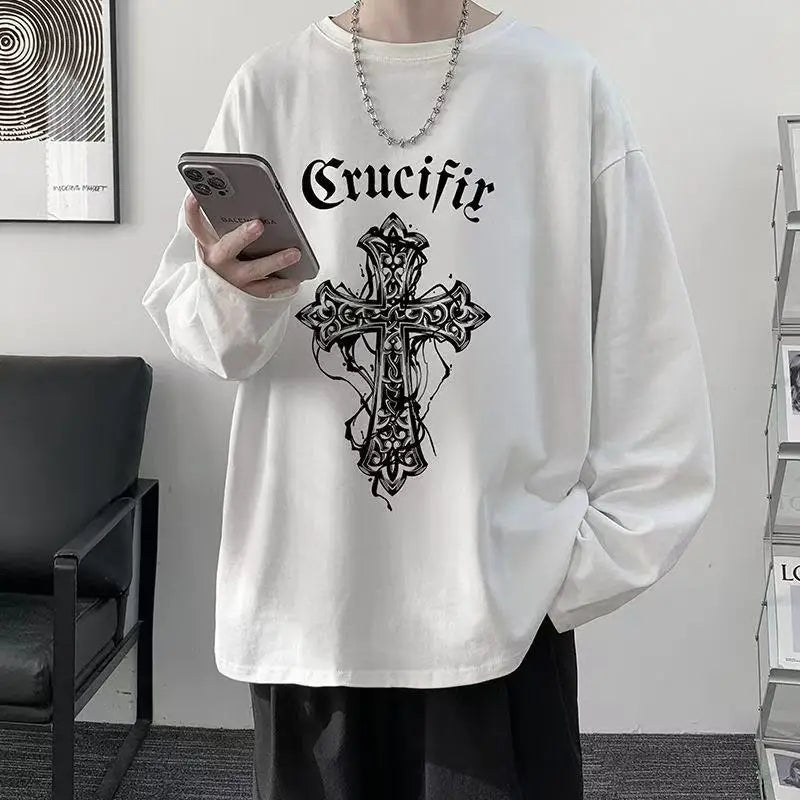 T-shirt for Men Summer Cross of Thorns Suitcase Men's T-shirts Long-sleeved Dark Hip-hop Men's oversize t-shirt Y2k T Shirt Tops