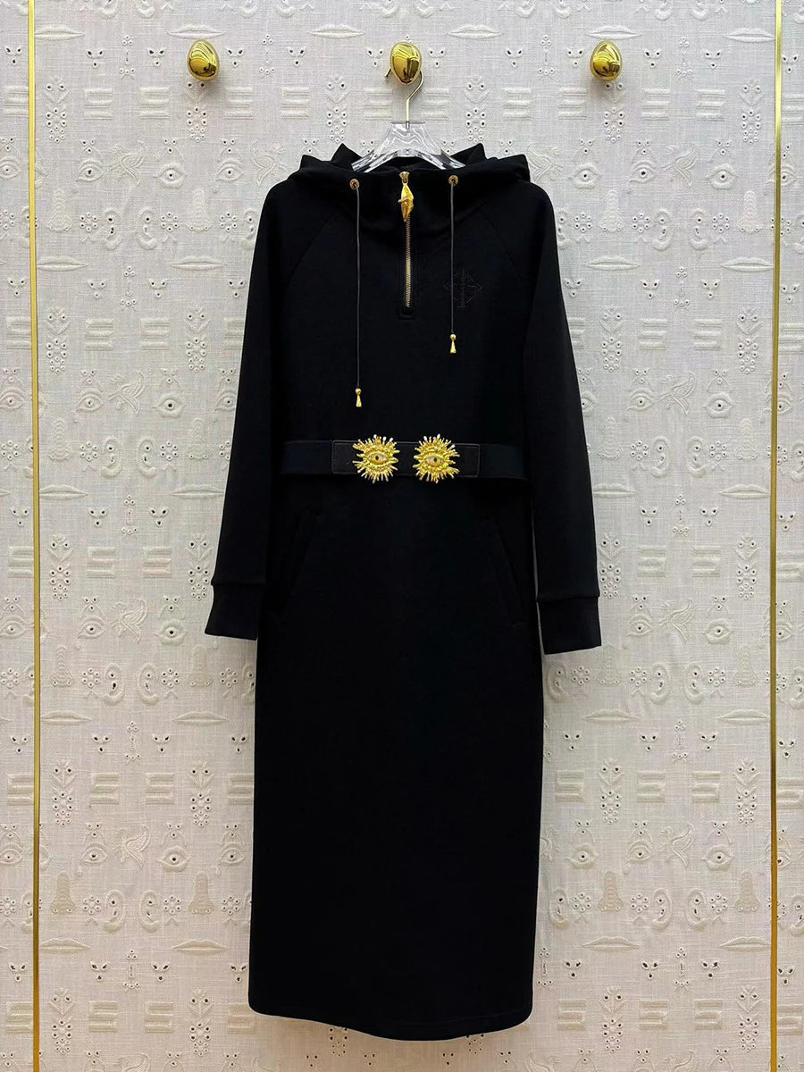 GALCAUR Solid Spliced Sashes Chic Dress Female Hooded Long Sleeve Loose Elegant Casual Women's Dresses Autumn Fashion New Style