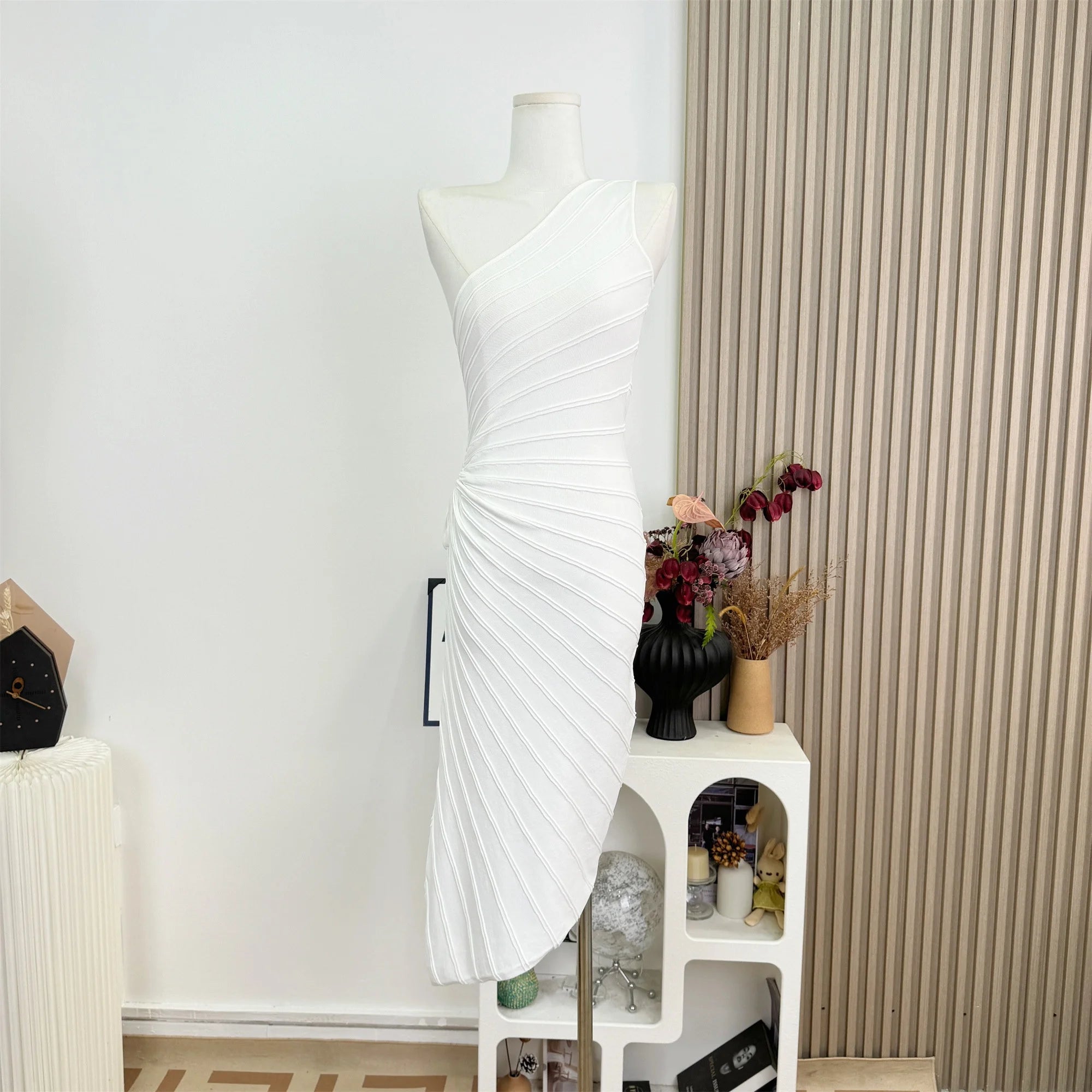 Women Elastic Summer Simple Party Dresses Sexy Irregular One Shoulder Stripe Sheath Pencil Dress