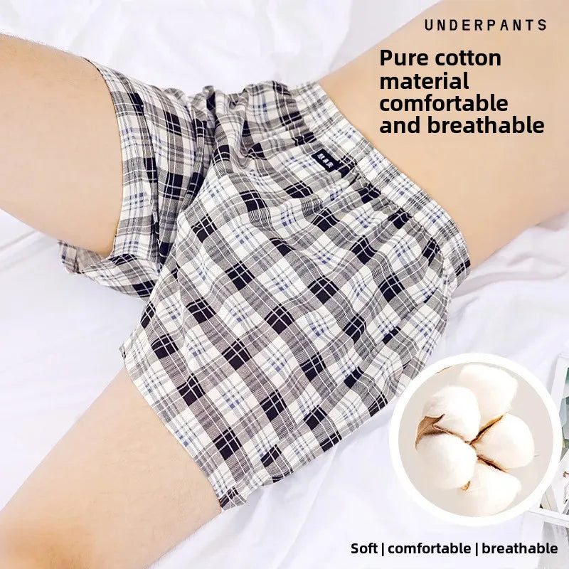 Breathable Cotton Men's Mid-Waist Shorts Plus Size Loose-Fit Plaid Underpants For Home Sleep Summer Loungewear