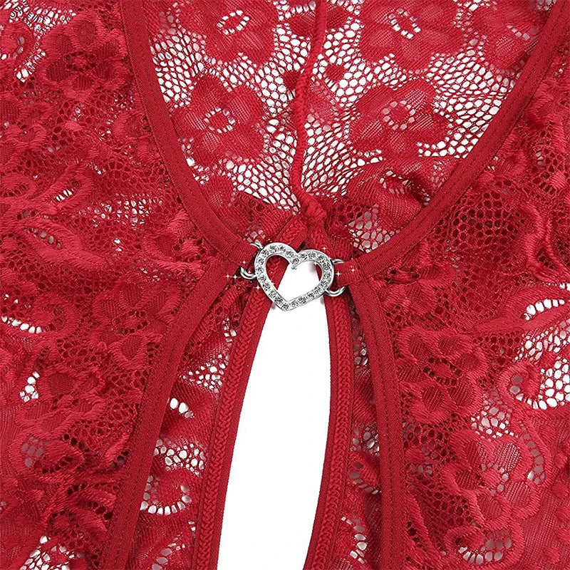 Transparent Sexy Lingerie Women's Pajamas Erotic Costume Lace Deep V Open Bra Crotchless Nightwear Female Porn Pajama Sets