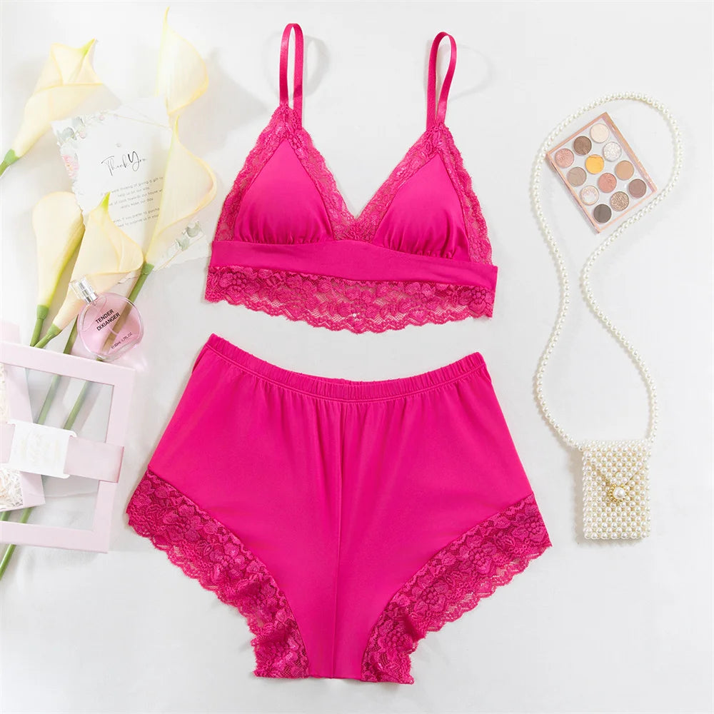 Sexy Lace Splicing Lingeries Sets Woman V Neck Spaghetti Strap Satin Bra And Shorts Pajama Set Casual Home Sleepwear Set