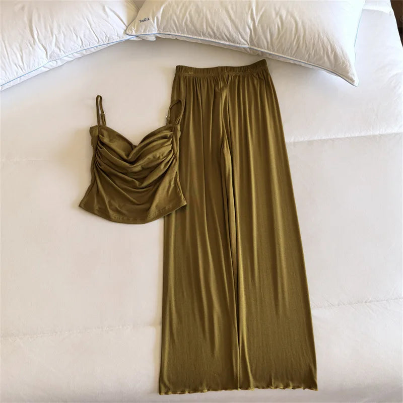 Sexy Lingerie Trousers Sets New Modal Sleepwear Women's Spring Summer Camisole Pants Two-piece Set Chest Pad Home Wear Pajamas