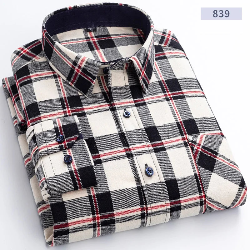 Cotton Flannel Mens Checkered Shirts Long Sleeve Soft Plaid Shirt for Men Leisure Classical Vintage Comfortable Man Clothing New