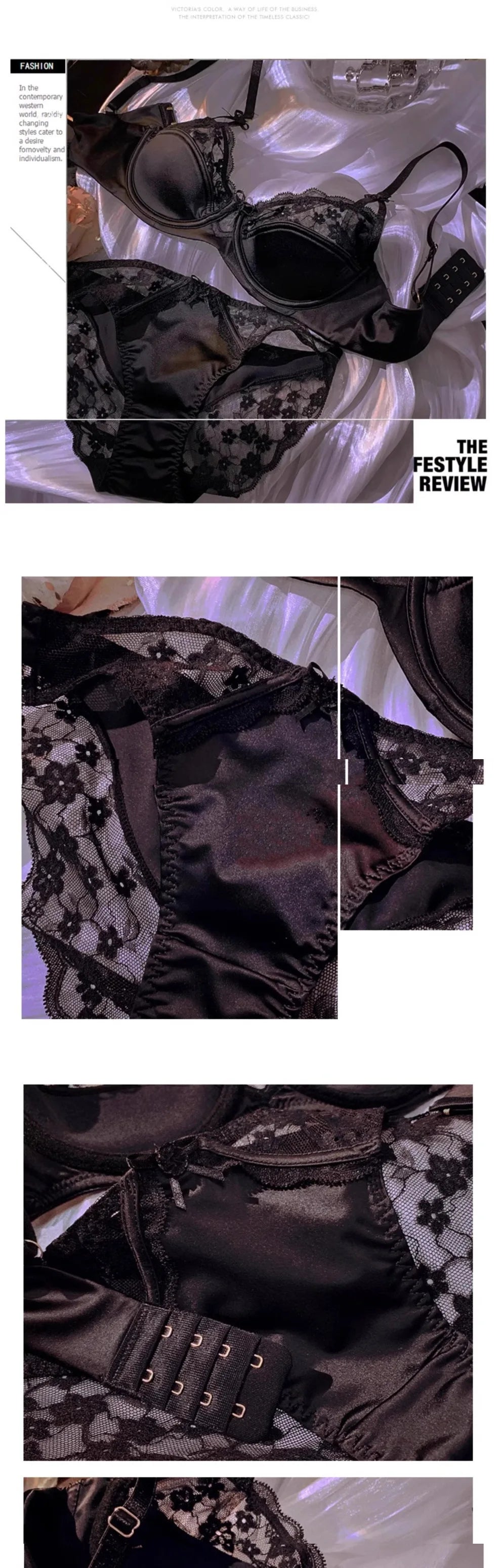 Sexy Lace Floral Bra Set Thin Section Breathable Small Breasts Gathered Collect Side Breasts Glossy Solid Color Underwear Set