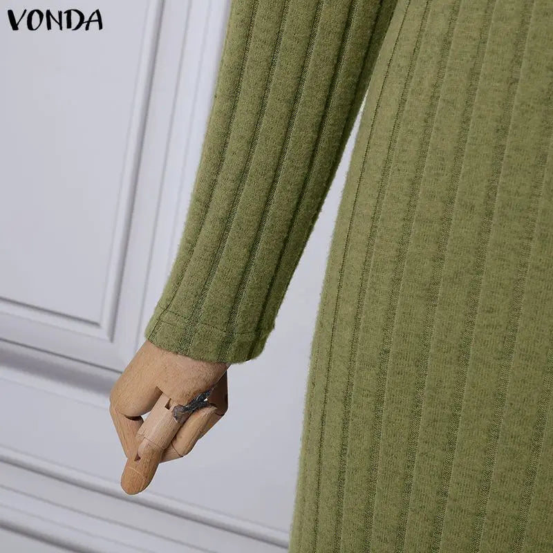 VONDA Women Turtleneck Sweater Dresses Autumn Long Sleeve Knitted Maxi Vestidos Elegant Office Streetwear Solid Party Robe Femme