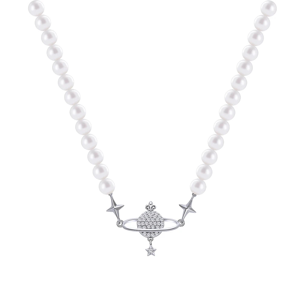 100% 925 Sterling Silver Pearl Shell Necklace Choker For Women Saturn Pearl Necklace Stereoscopic Saturn Pendant Pearls Choker