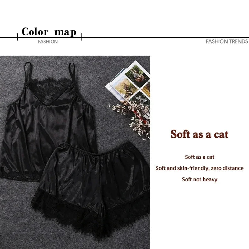 Lace Pajama Sets Ice Silk Women Pijama Mujer Strap Sleeveless Sexy Sleepwear Short Lingerie Set Female Night Wear