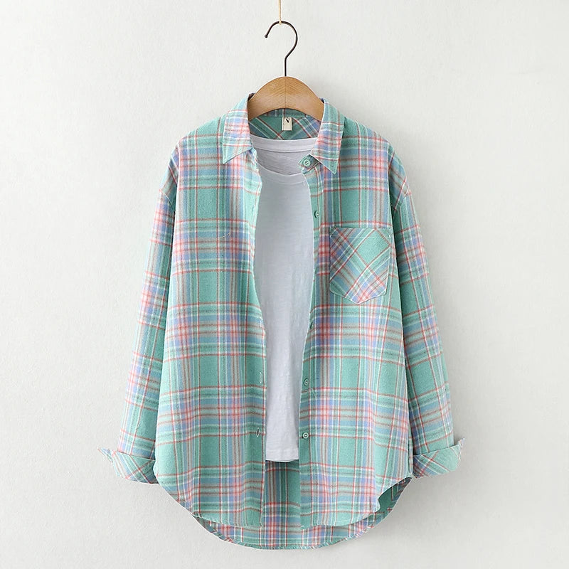 Fresh Flannel Plaid Shirt Women 2025 New Female Blouses and Tops Cotton Loose Long Sleeve Casual Shirts Fine Women's Clothes