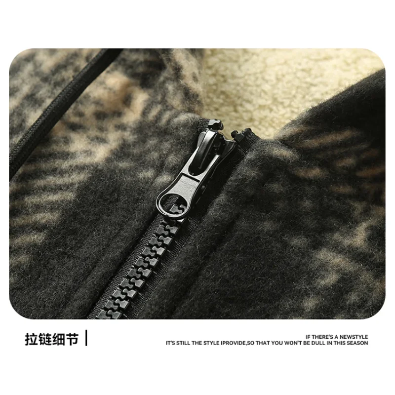 Men's New Plaid Hooded Jacket Sweater Autumn/Winter Fleece Coat Thickened Warm Casual Clothing Windproof Outerwear