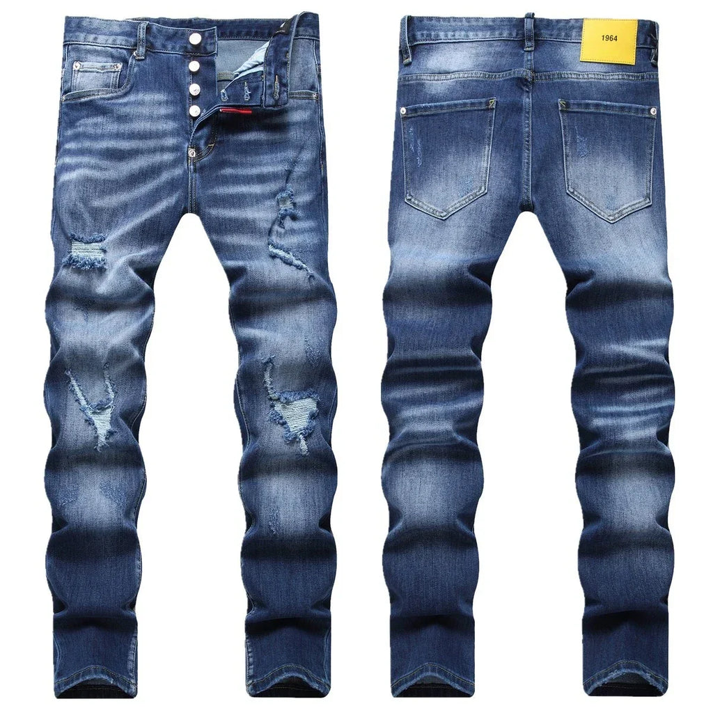 2025 Men's Ripped Jeans Luxury Brand Light Blue Holes Long Trousers Quality Male Fashion Stretch Slim Pants Men Skinny Jeans