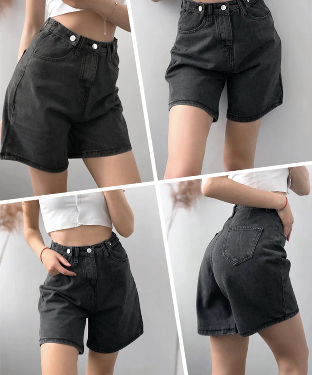 New Summer Women High Waist Button Wigh Leg Jeans Shorts Casual Female Loose Fit Blue Denim Shorts
