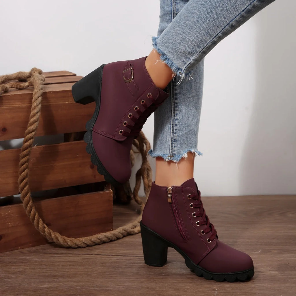 2025 Women High Heel Ankle Boots Autumn Lace Up Comfortable Short Boots Retro Fashion New Trend Lady Shoes Women Botas De Mujer