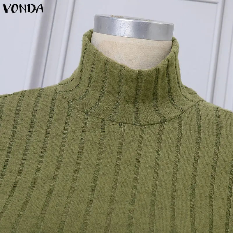 VONDA Women Turtleneck Sweater Dresses Autumn Long Sleeve Knitted Maxi Vestidos Elegant Office Streetwear Solid Party Robe Femme
