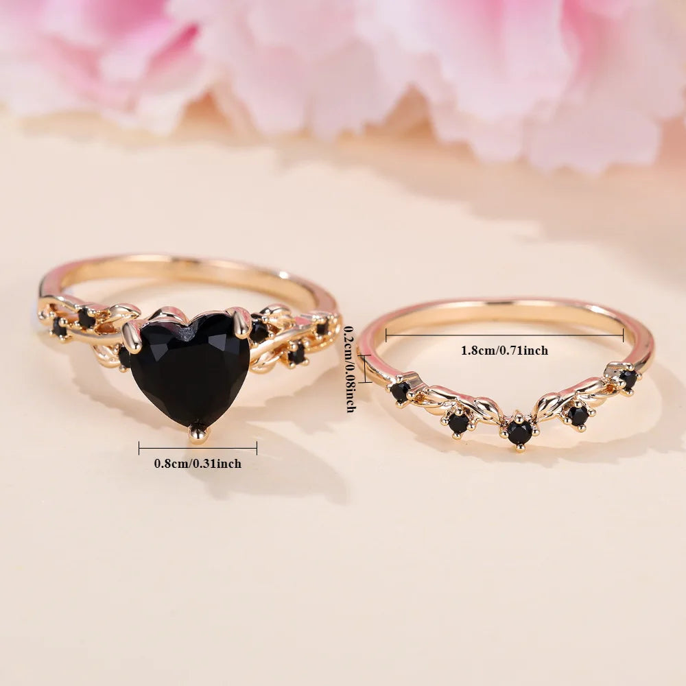 Royal Blue Green Black Red Stone Heart Ring Sets for Women Rose Gold Color White Zircon Bridal Wedding Bands Mothers Day Jewelry