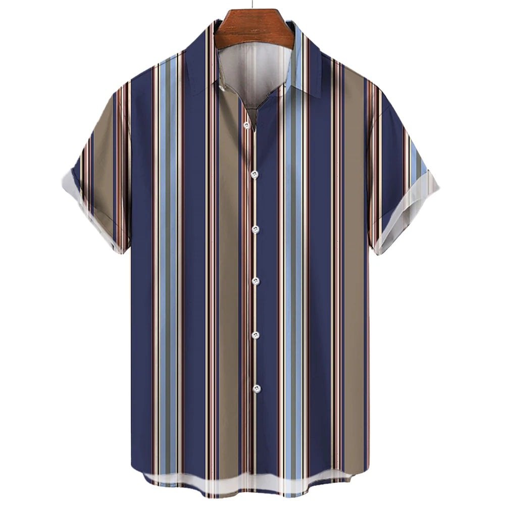 Men's Hawaiian Shirt Summer Stripes Print Short Sleeve Top Tees Fashion Casual Social Shirts Lapel Button Oversized Men Clothing