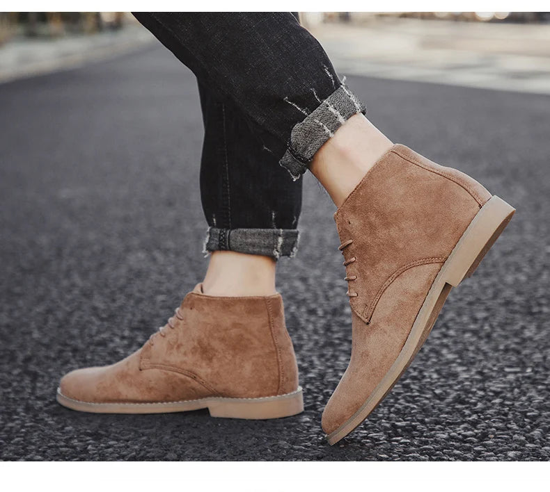British Style Brown Men's Chelsea Boots Retro Lace Up Suede Boots Men Pointed-toe Leather Casual Ankle Boots Men botas masculino