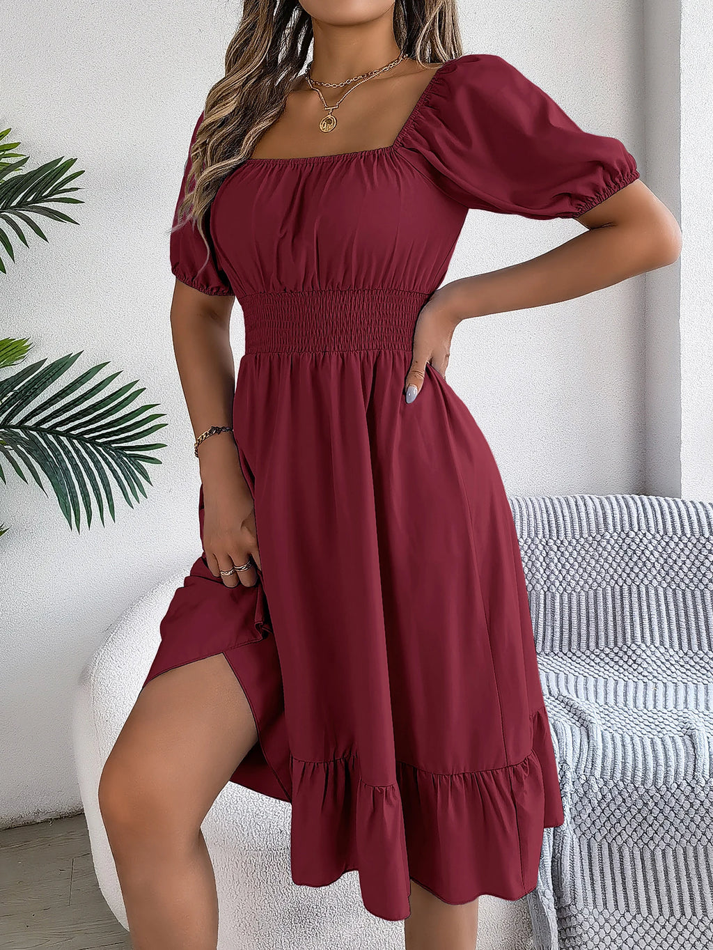 Spring Summer Elegant High Waisted Dress Square Neck Short Sleeved Ruffled Edge Long Dresses for Women 2026 Valentine's Day