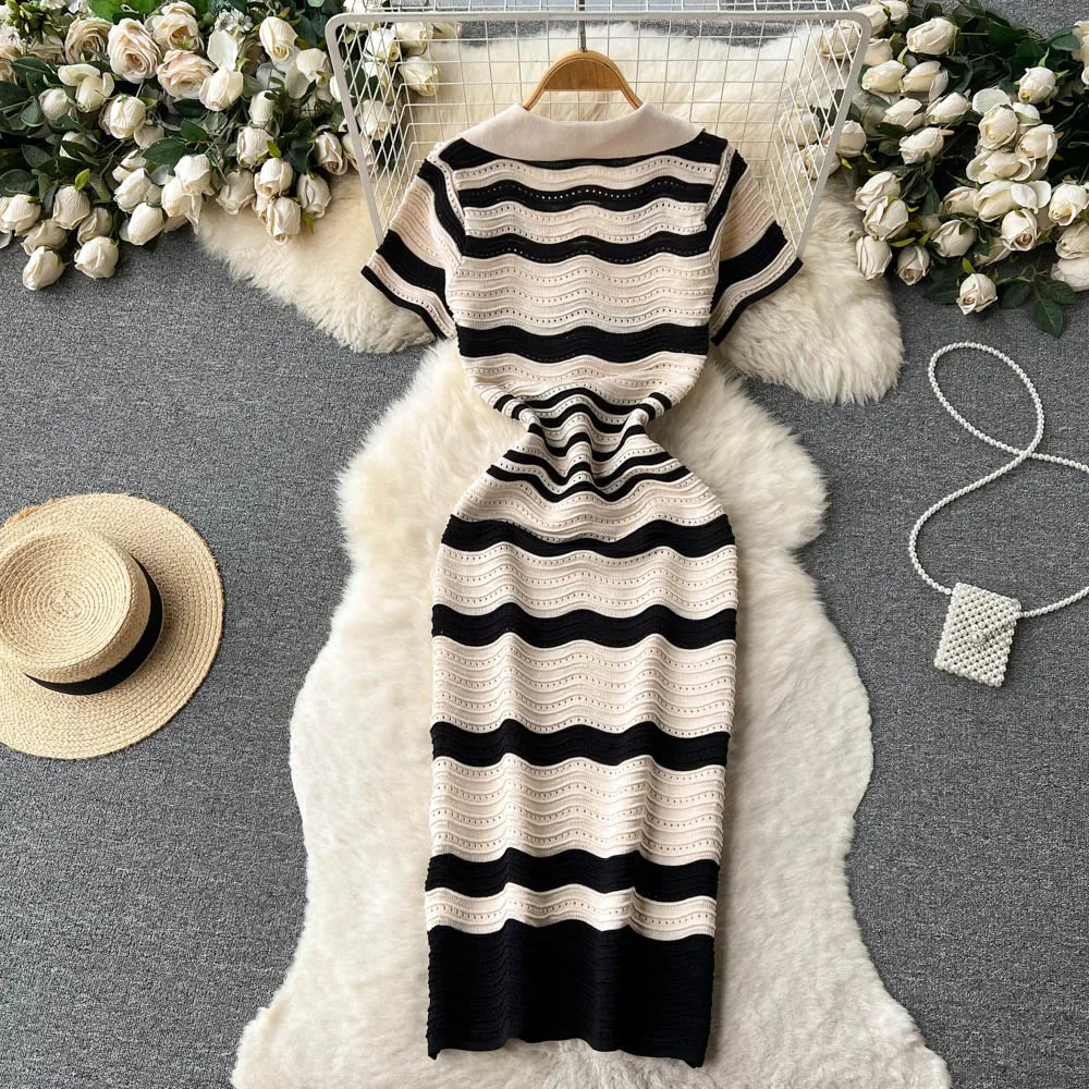 Short Sleeves Striped Long Dress Lapel Neck Hollow Out Slim Bodycon Sundress Fashion Hotsweet Knitted Beach Midi Dress