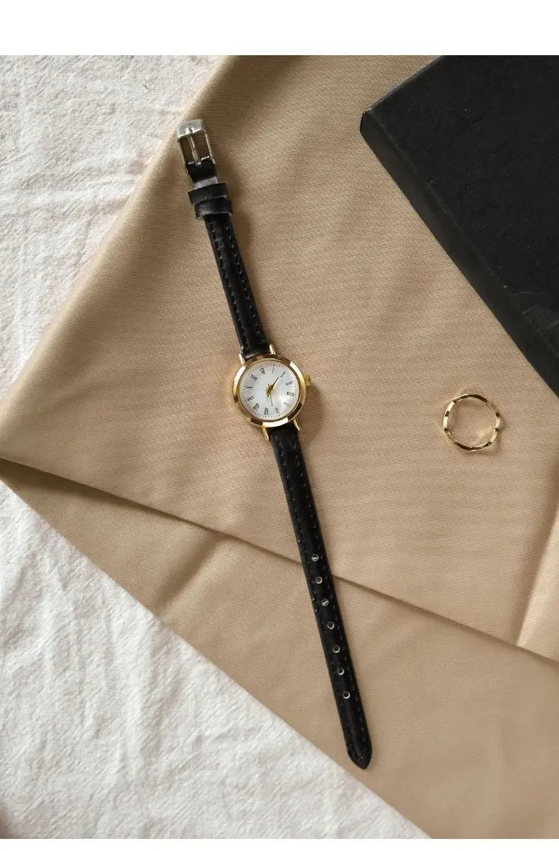 Women Brown White Small Round Watches Versatile Thin Strap Leather Band Ladies Quartz Watch Wristwatch Clock Reloj Mujer