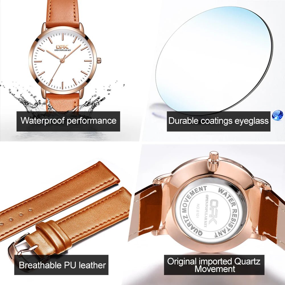 OPK 8101 Original Quartz Watch For Women Waterproof Leather Strap Hand Clock Simple Dial Top Brand Fashion Ladies Wrist Watches