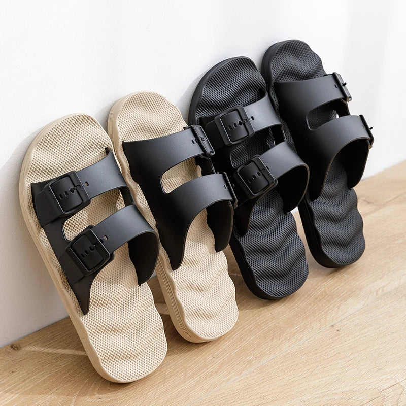 Men's Breathable Buckle Sandal Slippers Summer Outdoor Indoor House Shoes Non-Slip Thick Sole Casual Solid Color Slides