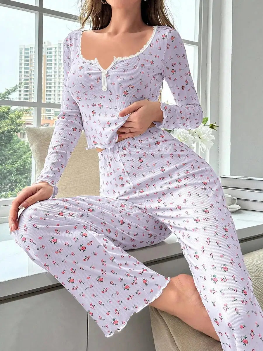 New Women Soft Comfortable sexy Floral Print Pajama Set Long Sleeve Top and Pants Loungewear Sleepwear Two Piece Set Homewear