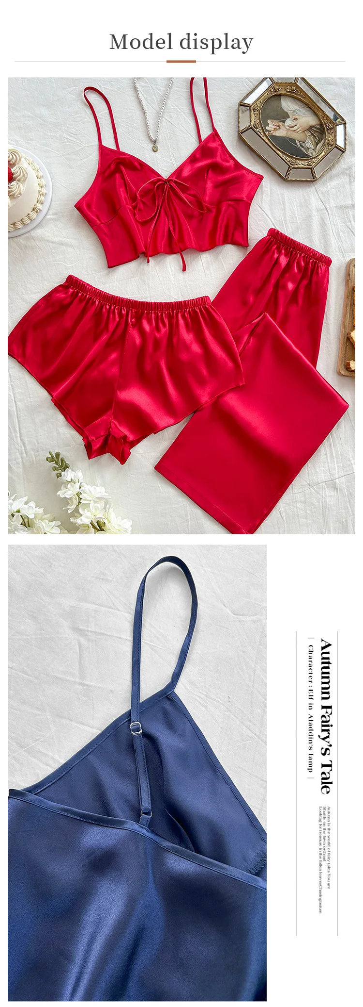 Summer New Women's Sleepwear 3PCS Pajamas Set Sexy Strap Top&shorts Trouser Suits Loungewear Ice Silk Lingerie Home Clothes