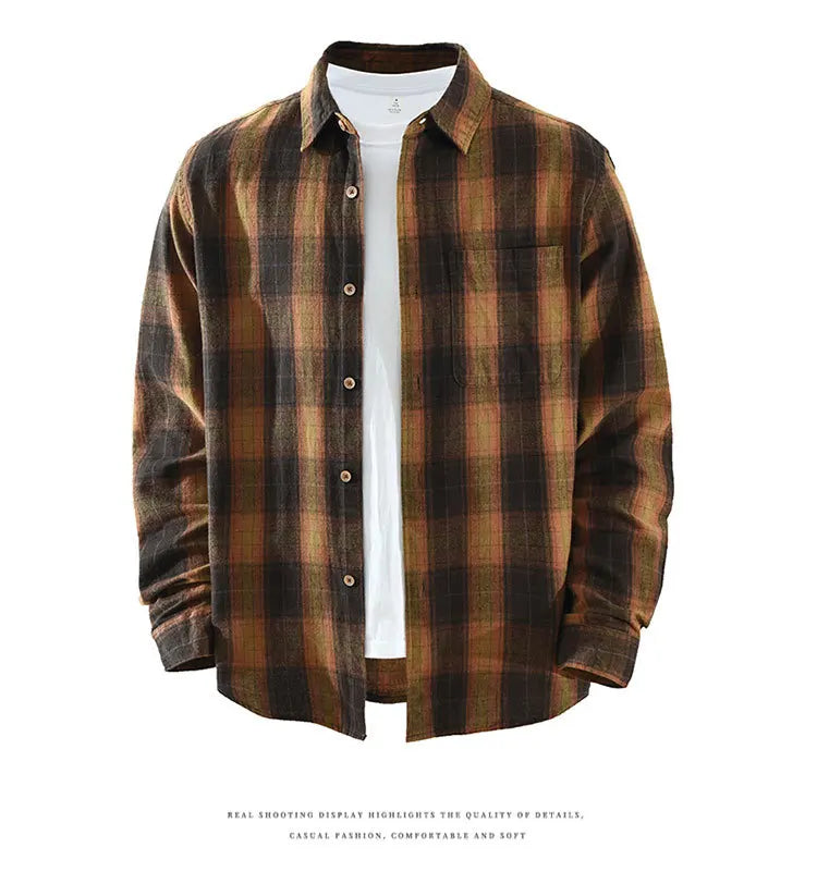 Oversized 100% Cotton Men's Plaid Shirt, Japanese Casual Style, Green Coffee Check Camping Fishing