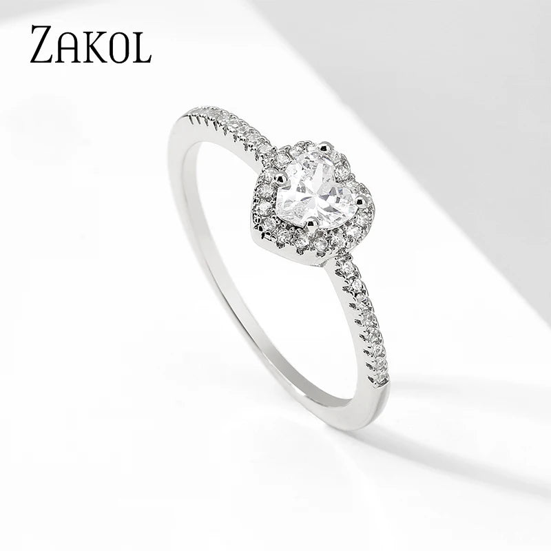 ZAKOL Exquisite Clear Pink Zircon Heart Engagement Ring for Women Charm Shiny AAA CZ Wedding Ring Jewelry Gift