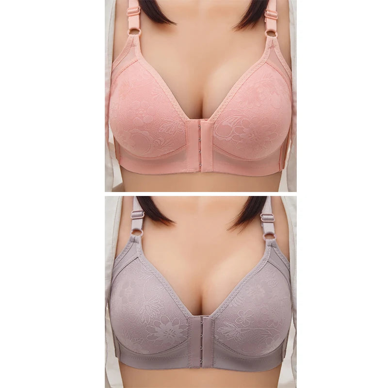 2pcs Womens Front Clasp Full Cup Bras No Steel Ring Support Lace Bralettes Large Size Mom Brassiere Comfort Ventilate Underwears