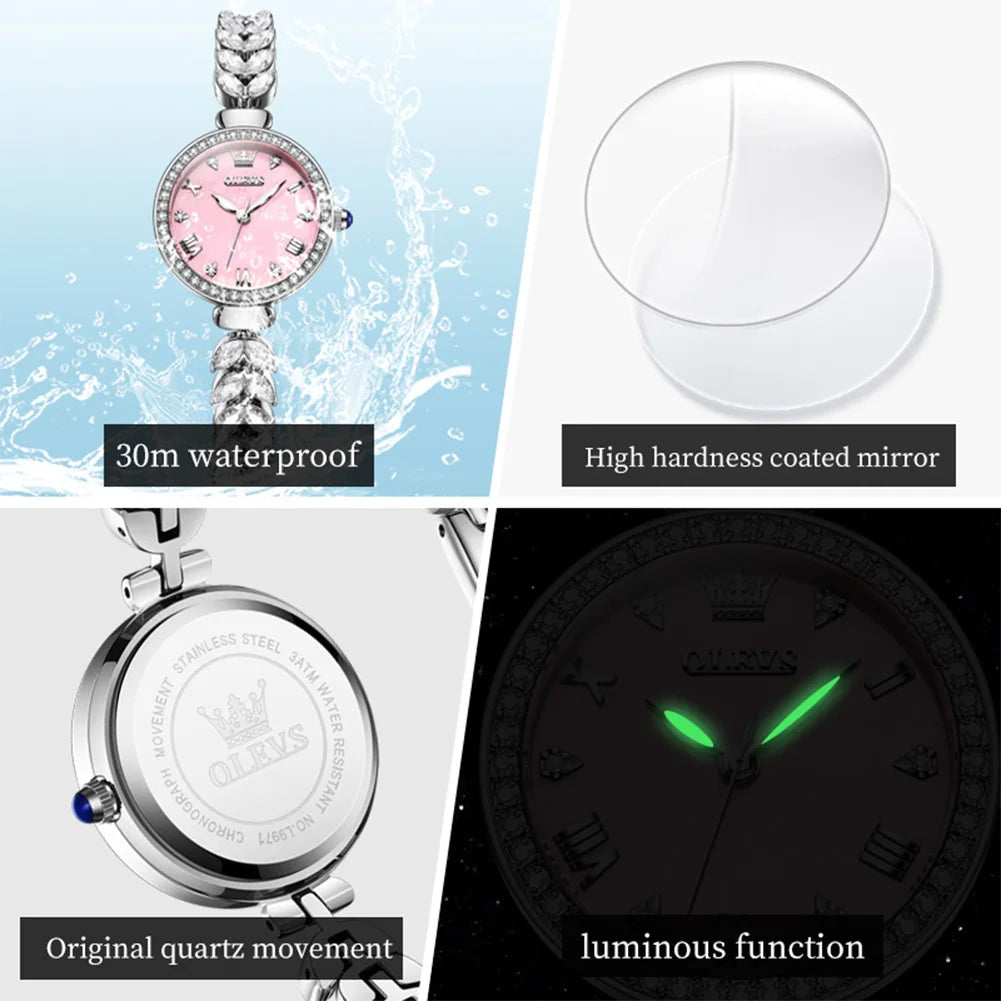 OLEVS 9971 Original Quartz Watches for Woman Fashion Full Diamond Mermaid Bracelet Wrist Watch Luxury Elegant Ladies Dress Watch