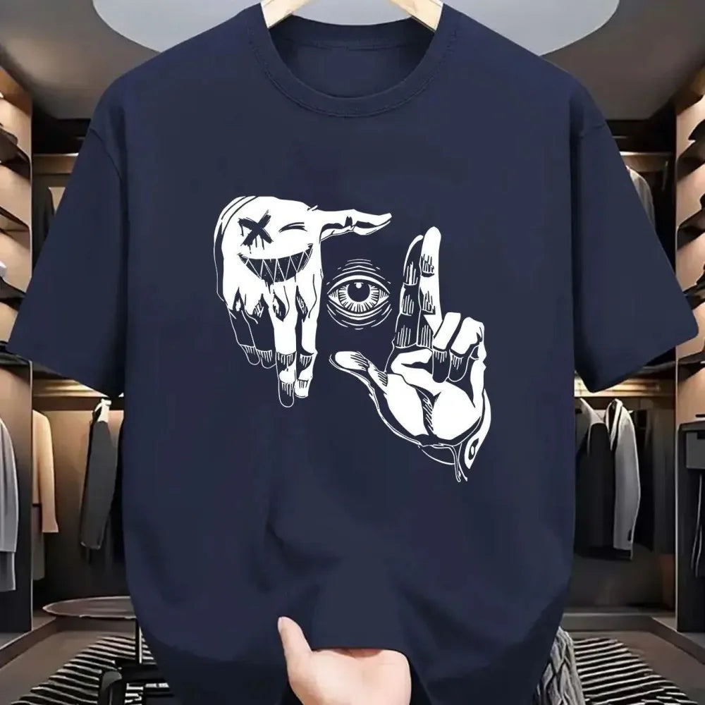 2025 Summer Men's Polyester Casual Breathable Round Neck T-shirt with Gesture Eye Personalized Pattern Printed Outdoor Top