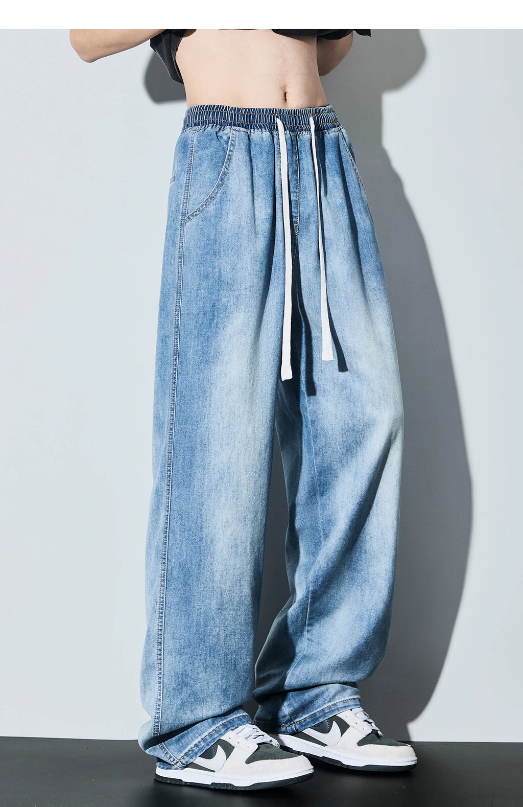 High Quality Spring Summer Lyocell Men's Jeans Baggy Straight Drawstring Streetwear High Street Trousers Male 7 Color