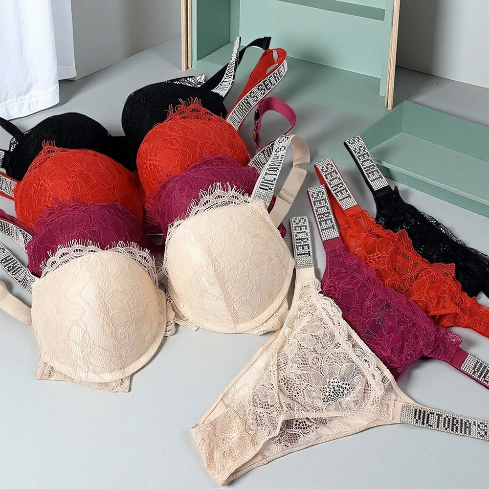 New V Women's Sexy Bra and Panty Set Comfortable push up Shapewear Adjustable Padded Gathered Lace Lingerie Set