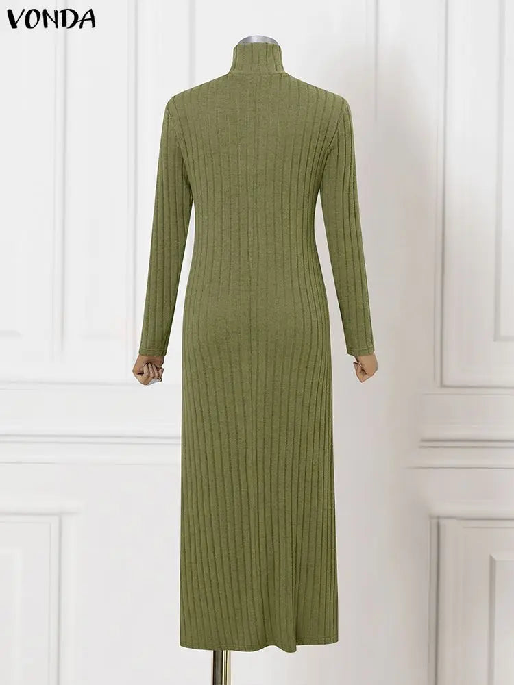 VONDA Women Turtleneck Sweater Dresses Autumn Long Sleeve Knitted Maxi Vestidos Elegant Office Streetwear Solid Party Robe Femme