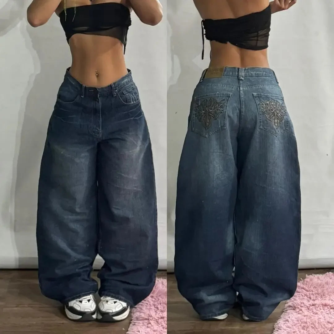 2024 New American hip-hop Vintage baggy jeans women's Harajuku high waist Y2K wide-leg pants Gothic wide pants Streetwear pants