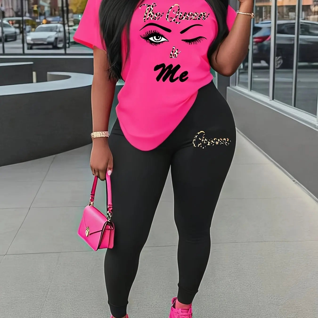 Women's Sports Outfit Set, Plus Size Abstract Figure Print Short Sleeve T-shirt Top & Medium Stretch Comfy Pants Fitness Outfit