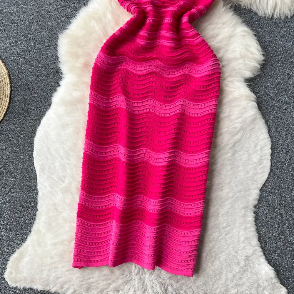Short Sleeves Striped Long Dress Lapel Neck Hollow Out Slim Bodycon Sundress Fashion Hotsweet Knitted Beach Midi Dress
