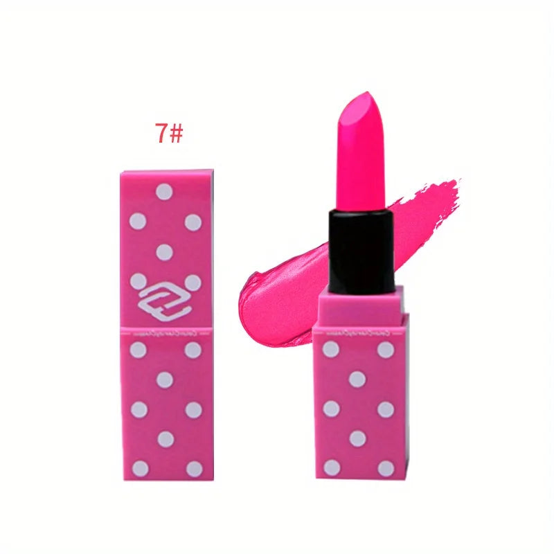 8 Colors Super Cute Girls Lipstick, Pink Polka Dots Design Long Lasting Non-fading Waterproof Velvet Lip Color, Non-Stick Cup